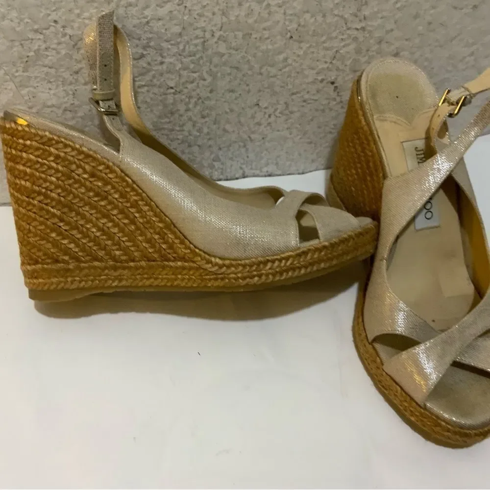 JIMMY CHOO Women’s 38 US 8 Espadrille Platform Wedge Gold Metallic Leather